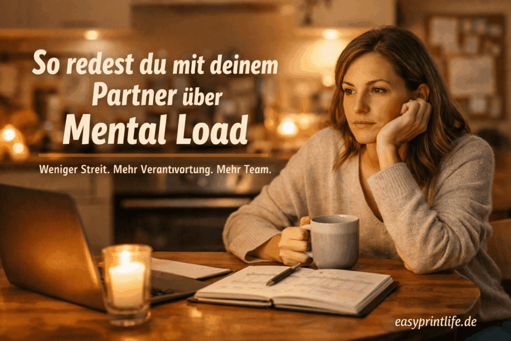 Frau sitzt abends am Küchentisch mit Kaffee und Planer und denkt über Mental Load in der Partnerschaft nach