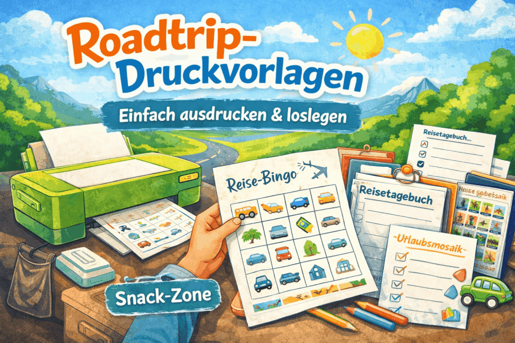 Roadtrip Druckvorlagen für Kinder zum Ausdrucken mit Bingo und Reisetagebuch