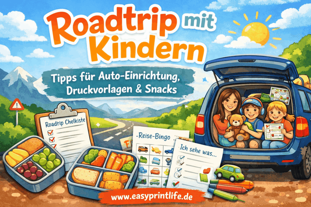 Roadtrip mit Kindern Auto Einrichtung Snacks und Druckvorlagen für entspannte Autofahrt