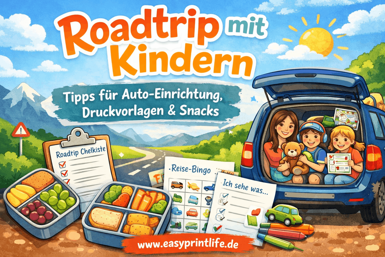 Roadtrip mit der Familie: Auto-Einrichtung, Snack-Ideen & Druckvorlagen Roadtrip mit Kindern Auto Einrichtung Snacks und Druckvorlagen für entspannte Autofahrt