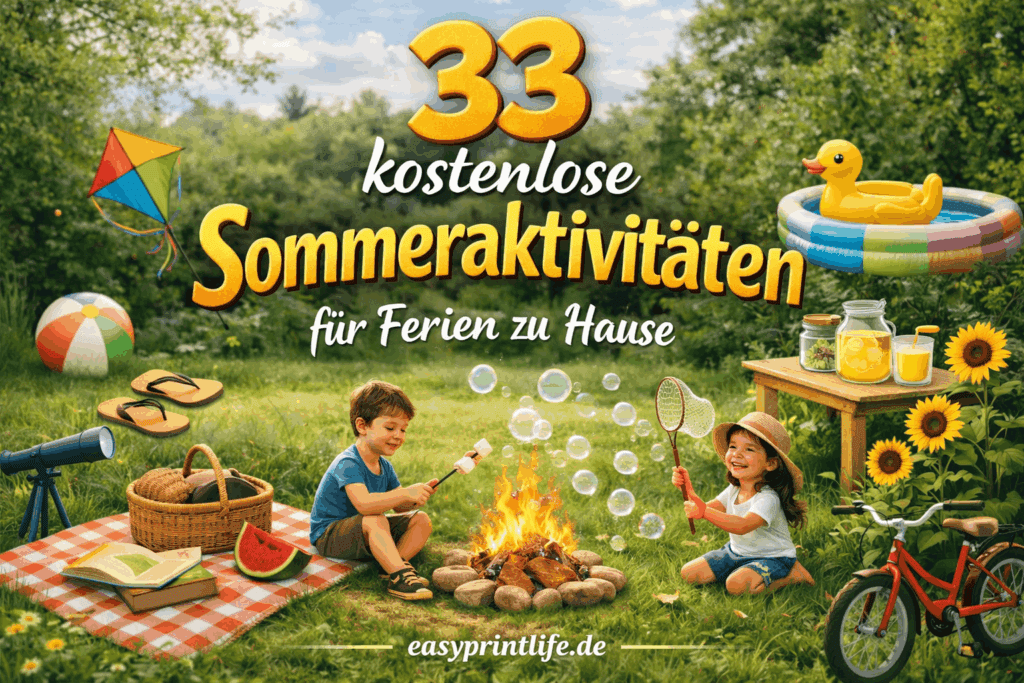 Kinder spielen im Sommer draußen im Garten mit Wasser, Seifenblasen und Picknick – 33 kostenlose Sommeraktivitäten für Ferien zu Hause