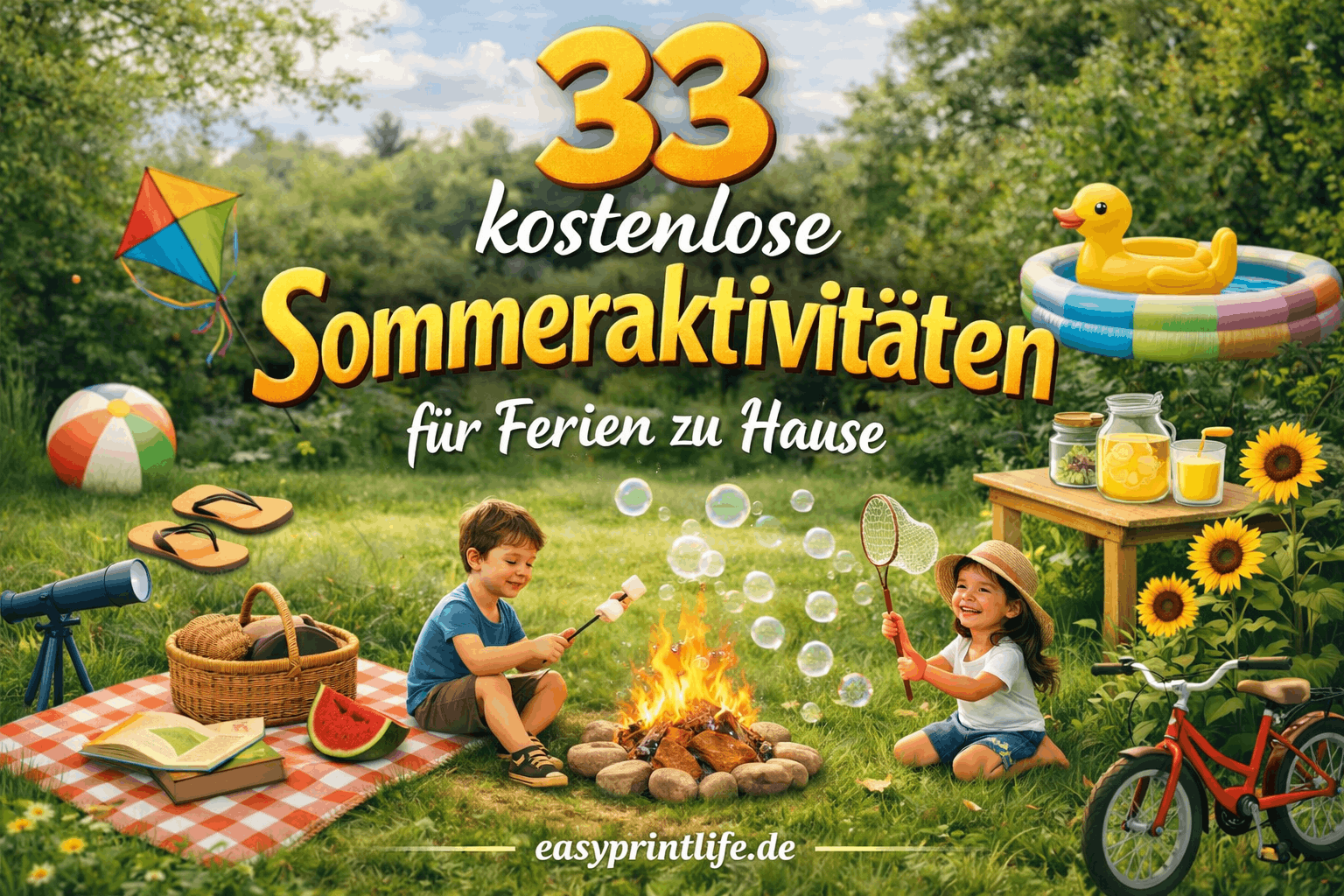 Kinder spielen im Sommer draußen im Garten mit Wasser, Seifenblasen und Picknick – 33 kostenlose Sommeraktivitäten für Ferien zu Hause