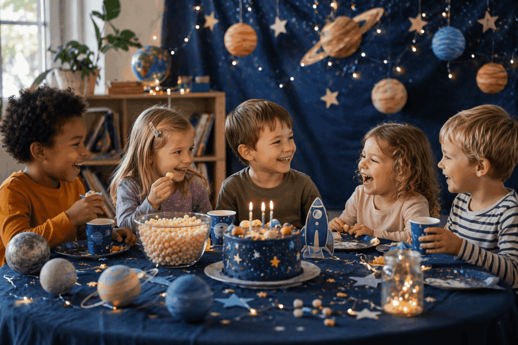 Weltraum Kindergeburtstag – einfache Ideen für 2 bis 5 Jahre Weltraum Kindergeburtstag für Kleinkinder – natürliche Deko mit Sternen, Planeten und Kindern am Geburtstagstisch
