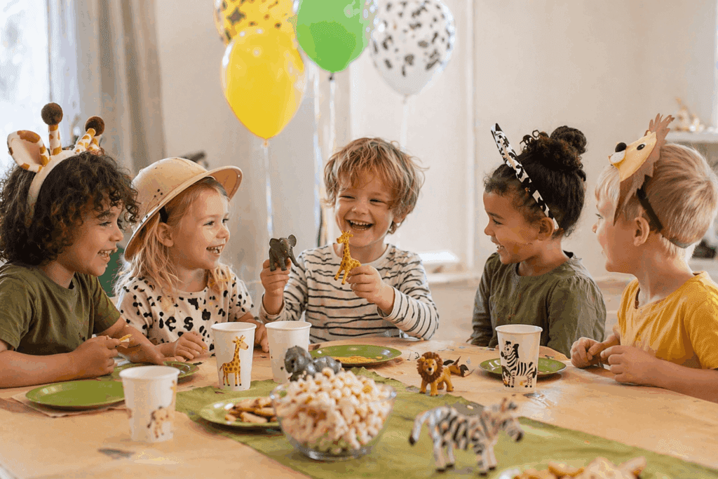 Kindergeburtstag Tiere Motto – einfache und natürliche Deko für Kleinkinder Kindergeburtstag mit Tier-Motto für Kleinkinder – Kinder sitzen am Tisch mit wenigen Tierfiguren und Luftballons in einem hellen Wohnzimmer