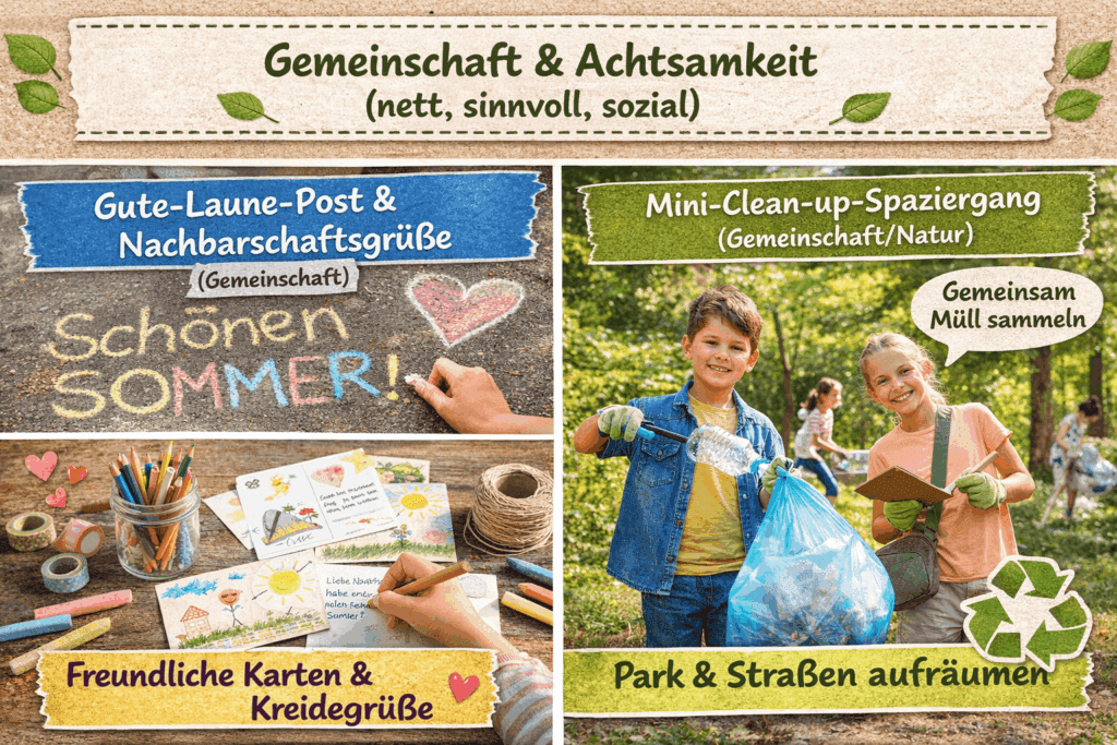 Kinder gestalten Sommergrüße und sammeln Müll im Park – soziale und achtsame Aktivitäten für Familien im Sommer