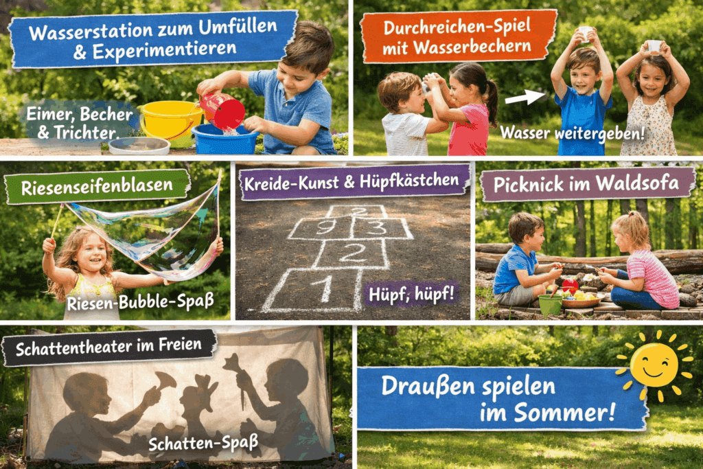 Kinder spielen draußen im Sommer mit Wasser, Kreide und Seifenblasen im Garten – einfache und kostenlose Aktivitäten für Ferien zu Hause